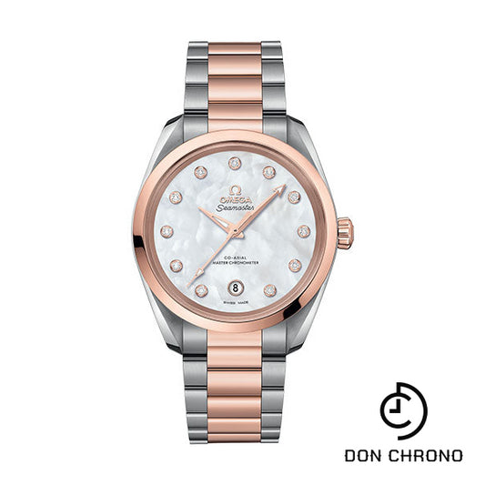 Omega Seamaster Aqua Terra 150M Co-Axial Master Chronometer Ladies Watch - 38 mm Steel And Sedna Gold Case - White Mother-Of-Pearl Diamond Dial - 220.20.38.20.55.001