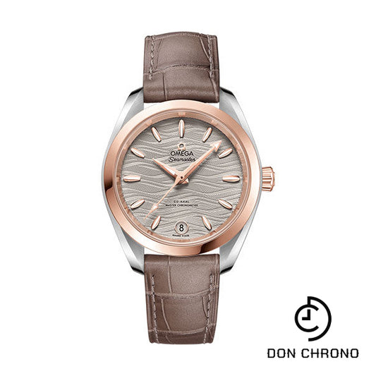 Omega Seamaster Aqua Terra 150M Co-Axial Master Chronometer Watch - 34 mm Steel And Sedna Gold Case - Waved Agate Grey Dial - Taupe-Brown Leather Strap - 220.23.34.20.06.001