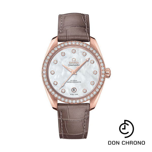 Omega Seamaster Aqua Terra 150M Co-Axial Master Chronometer Ladies Watch - 38 mm Sedna Gold Case - White Mother-Of-Pearl Diamond Dial - Taupe-Brown Leather Strap - 220.58.38.20.55.001