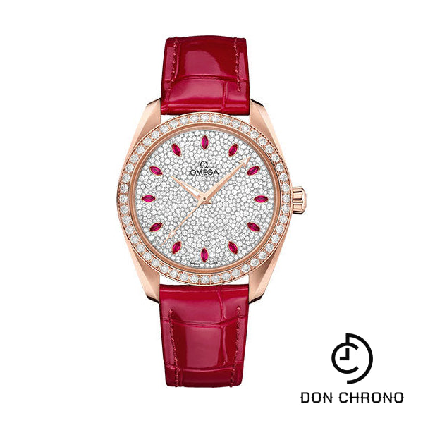 Omega Seamaster Aqua Terra 150M Co-Axial Master Chronometer Ladies' Watch - 38 mm Sedna Gold Case - Fully Paved Diamond Dial - Glossy Red Leather Strap - 220.58.38.20.99.001