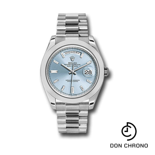 Rolex 950 Platinum Day-Date 40 Watch - Smooth Bezel - Ice Blue Baguette Diamond Dial - President Bracelet - 228206 ibbdp