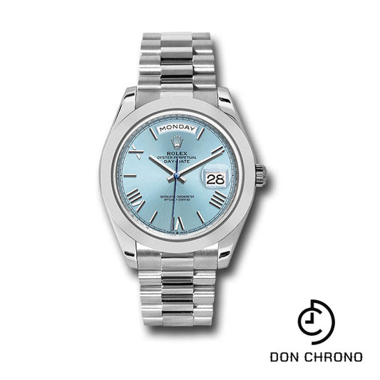 Rolex Platinum Day-Date 40 Watch - Smooth Bezel - Ice Blue Roman Dial - President Bracelet - 228206 ibrp