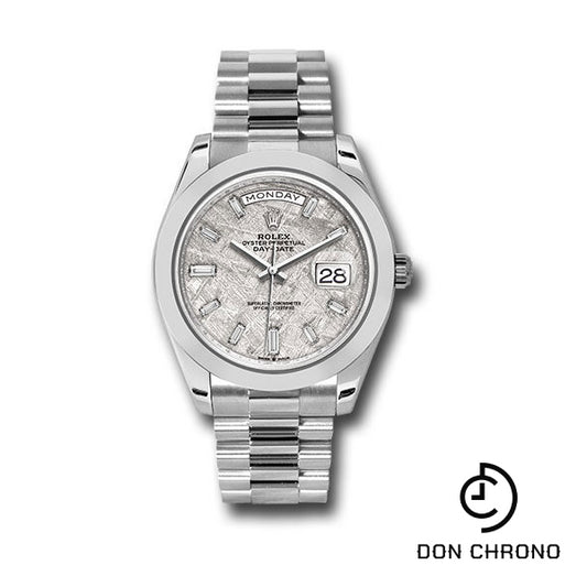 Rolex Platinum Day-Date 40 Watch - Smooth Bezel - Meteorite Baguette Diamond Dial - President Bracelet - 228206 mtdp