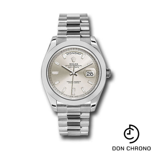 Rolex 950 Platinum Day-Date 40 Watch - Smooth Bezel - Silver Baguette Diamond Dial - President Bracelet - 228206 sbdp