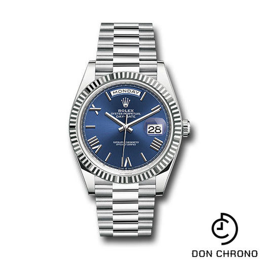 Rolex Platinum Day-Date 40 Watch - Fluted Bezel - Bright Blue Roman Dial - President Bracelet - 228236 blrp