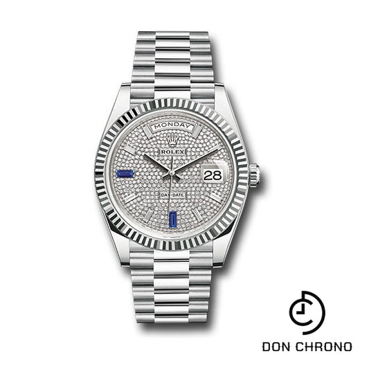Rolex Platinum Day-Date 40 Watch - Fluted Bezel - Diamond And Sapphire Paved Diamond Dial - President Bracelet - 228236 dp8d2sp