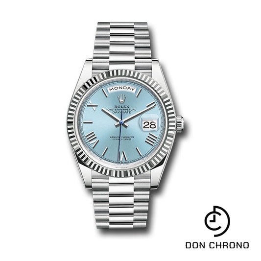 Rolex Platinum Day-Date 40 Watch - Fluted Bezel - Ice Blue Roman Dial - President Bracelet - 228236 ibrp
