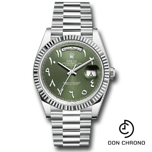 Rolex Platinum Day-Date 40 Watch - Fluted Bezel - Olive Green Special Arabic Dial - President Bracelet - 228236 ogap