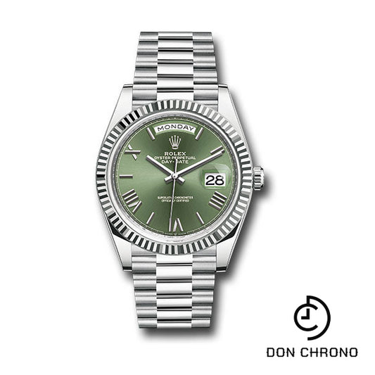 Rolex Platinum Day-Date 40 Watch - Fluted Bezel - Olive Green Roman 6 Dial - President Bracelet - 228236 ogrp