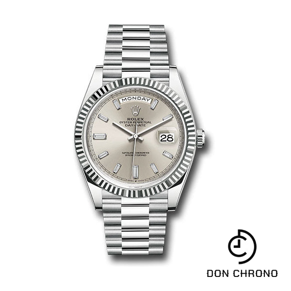 Rolex Platinum Day-Date 40 Watch - Fluted Bezel - Silver Dial - President Bracelet - 228236 sbdp