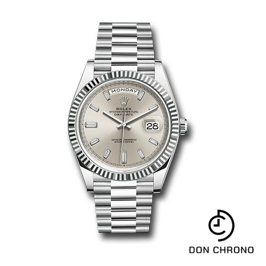 Rolex Platinum Day-Date 40 Watch - Fluted Bezel - Silver Dial - President Bracelet - 228236 sbdp