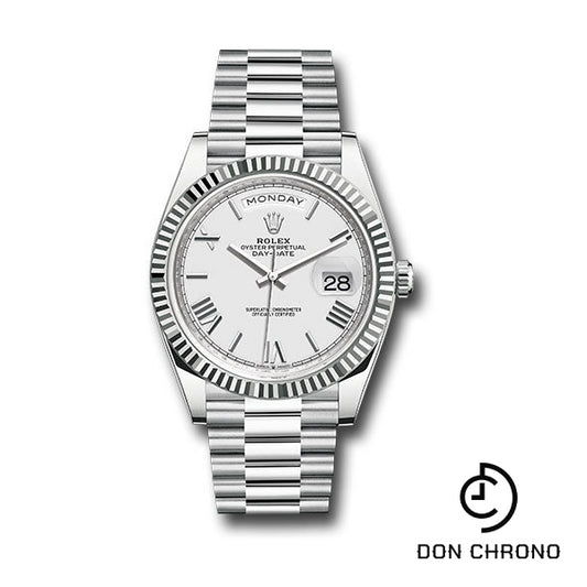 Rolex Platinum Day-Date 40 Watch - Fluted Bezel - White Roman Dial - President Bracelet - 228236 wrp