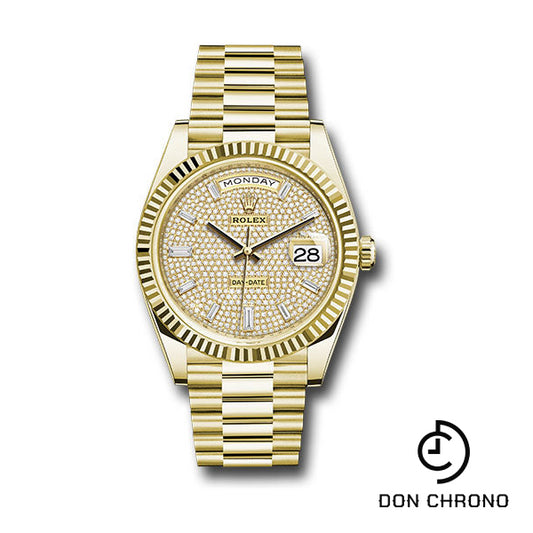 Rolex Yellow Gold Day-Date 40 Watch - Fluted Bezel - Diamond-Paved Dial - President Bracelet - 228238 dpbdp