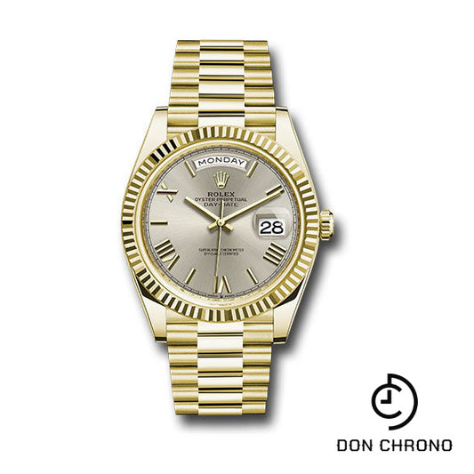 Rolex Yellow Gold Day-Date 40 Watch - Fluted Bezel - Silver Bevelled Roman Dial - President Bracelet - 228238 srp