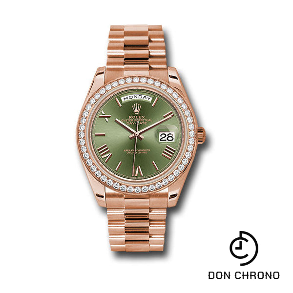 Rolex Everose Gold Day-Date 40 Watch - Everose Gold Bezel - Olive Green Bevelled Roman Dial - President Bracelet - 228345RBR ogrp