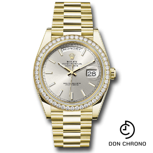 Rolex Yellow Gold Day-Date 40 Watch - Diamond Bezel - Silver Index Dial - President Bracelet - 228348rbr sip