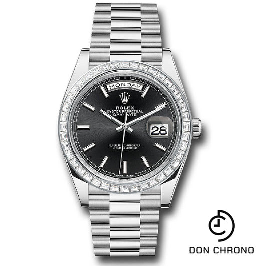 Rolex 950 Platinum Day-Date 40 Watch - Baguette Diamond Bezel - Black Index Dial - President Bracelet - 228396TBR bkip