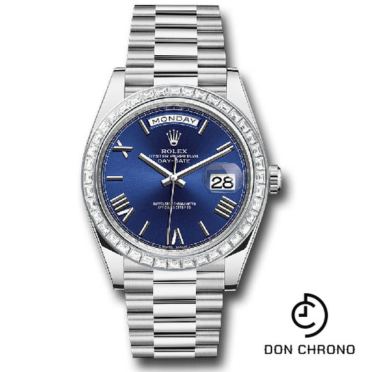 Rolex 950 Platinum Day-Date 40 Watch - Baguette Diamond Bezel - Blue Bevelled Roman Dial - President Bracelet - 228396TBR blrp