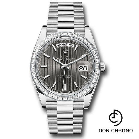 Rolex 950 Platinum Day-Date 40 Watch - Baguette Diamond Bezel - Dark Rhodium Index Dial - President Bracelet - 228396TBR drsmip