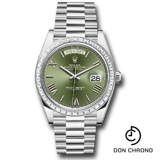 Rolex 950 Platinum Day-Date 40 Watch - Baguette Diamond Bezel - Olive Green Bevelled Roman Dial - President Bracelet - 228396TBR ogrp