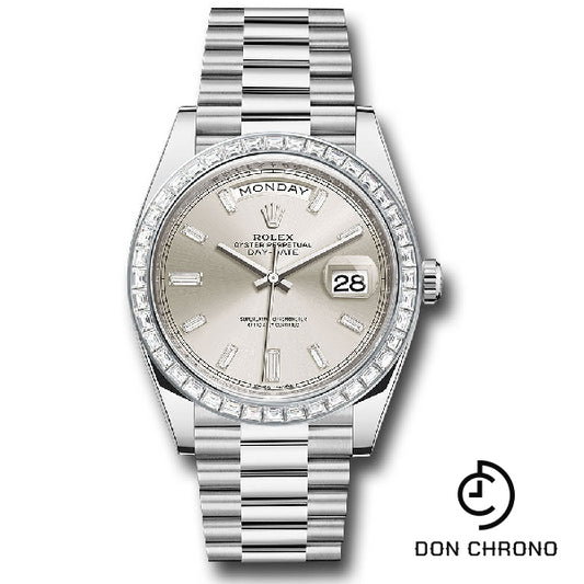 Rolex 950 Platinum Day-Date 40 Watch - Baguette Diamond Bezel - Silver Baguette Diamond Dial - President Bracelet - 228396TBR sbdp