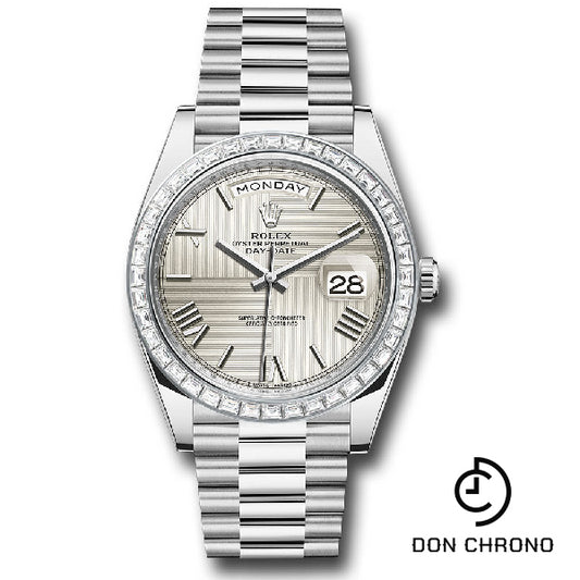 Rolex 950 Platinum Day-Date 40 Watch - Baguette Diamond Bezel - Silver Quadrant Motif Bevelled Roman Dial - President Bracelet - 228396TBR sqmrp