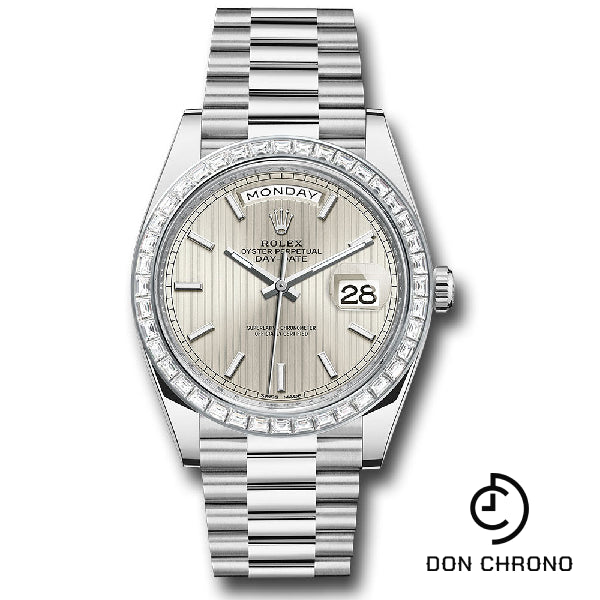 Rolex 950 Platinum Day-Date 40 Watch - Baguette Diamond Bezel - Silver Strip Motif Index Dial - President Bracelet - 228396TBR ssmip