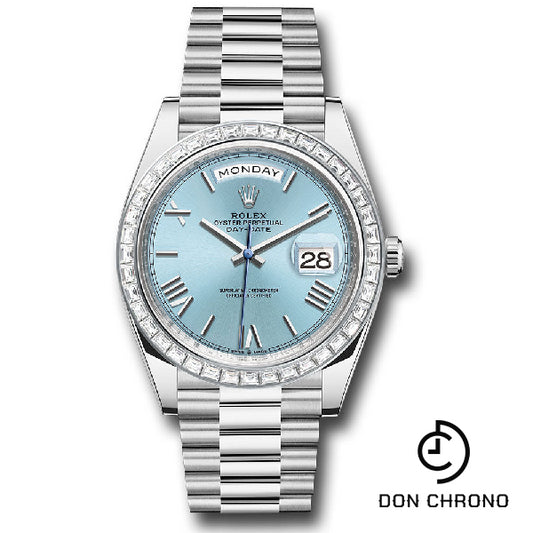 Rolex Platinum Day-Date 40 Watch - Baguette Diamond Bezel - Ice Blue Roman Dial - President Bracelet - 228396tbr ibrp