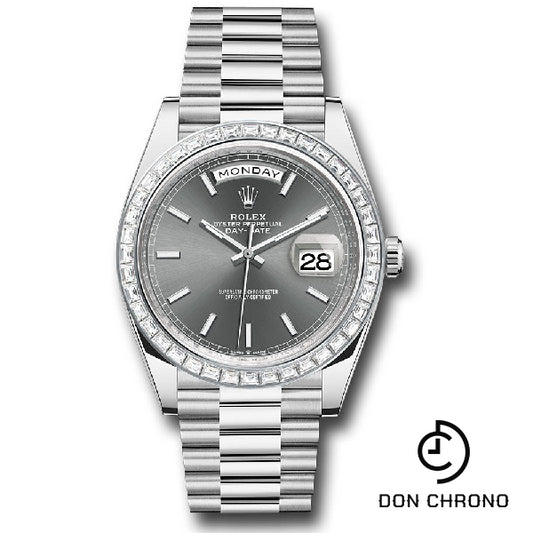 Rolex Platinum Day-Date 40 Watch - Baguette Diamond Bezel - Slate Index Dial - President Bracelet - 228396tbr slip