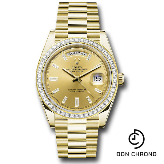 Rolex Yellow Gold Day-Date 40 Watch - Baguette Diamond Bezel - Champagne Baguette Diamond Dial - President Bracelet - 228398TBR chbdp