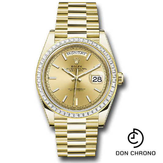 Rolex Yellow Gold Day-Date 40 Watch - Baguette Diamond Bezel - Champagne Index Dial - President Bracelet - 228398TBR chip