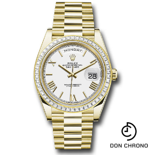 Rolex Yellow Gold Day-Date 40 Watch - Baguette Diamond Bezel - White Bevelled Roman Dial - President Bracelet - 228398TBR wrp