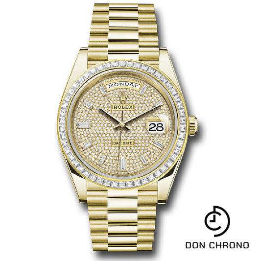 Rolex Yellow Gold Day-Date 40 Watch - Baguette Diamond Bezel - Diamond-Paved Dial - President Bracelet - 228398tbr dpbdp