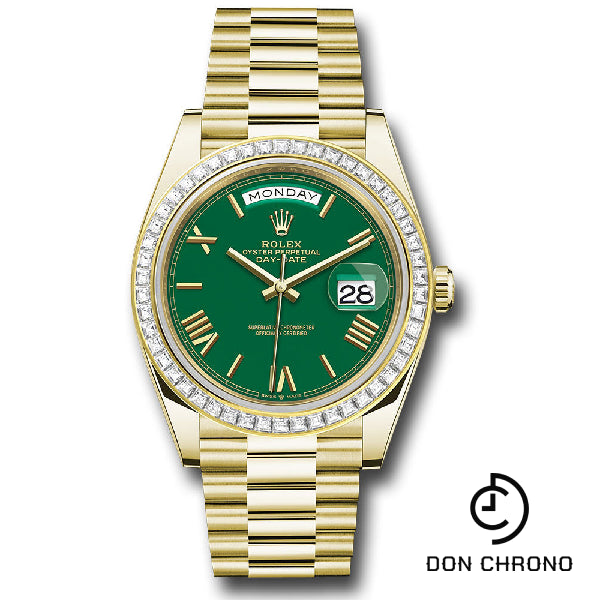 Rolex Yellow Gold Day-Date 40 Watch - Baguette Diamond Bezel - Green Roman Dial - President Bracelet - 228398tbr grrp