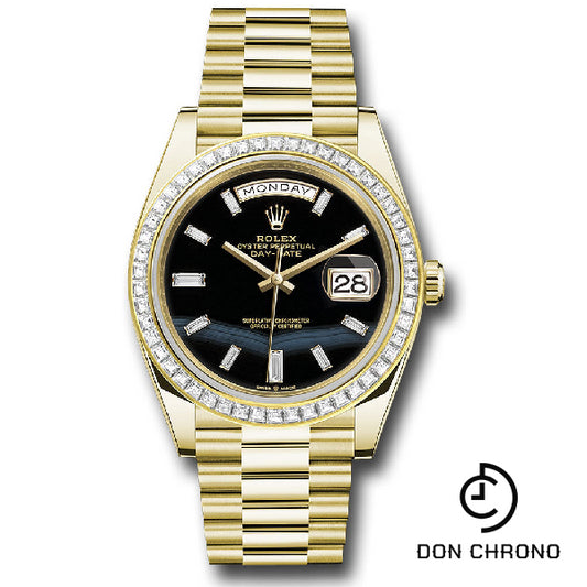 Rolex Yellow Gold Day-Date 40 Watch - Baguette Diamond Bezel - Onyx Dial - President Bracelet - 228398tbr onbdp
