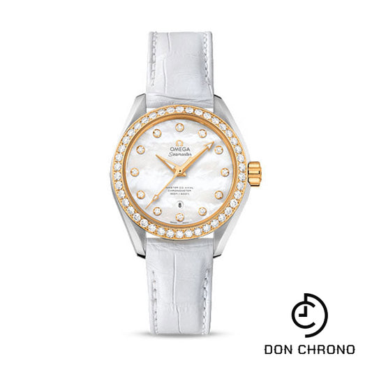 Omega Seamaster Aqua Terra 150 M Master Co-Axial Watch - 34 mm Steel Case - Yellow Gold Bezel - Mother-Of-Pearl Diamond Dial - White Leather Strap - 231.28.34.20.55.004