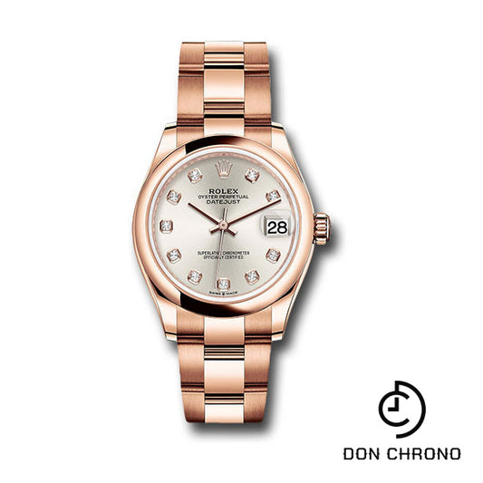 Rolex Everose Gold Datejust 31 Watch - Domed Bezel - Silver Diamond Dial - Oyster Bracelet - 278245 sdo