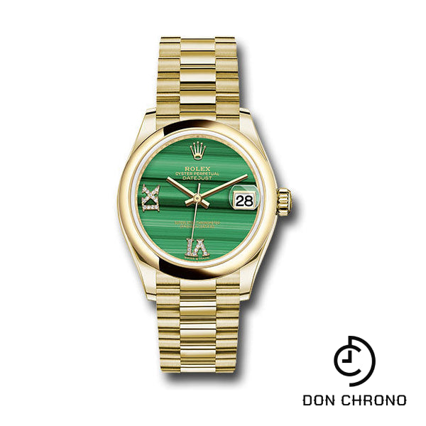 Rolex Yellow Gold Datejust 31 Watch - Domed Bezel - Malachite Diamond Six and Nine Dial - President Bracelet - 278248 madr69p