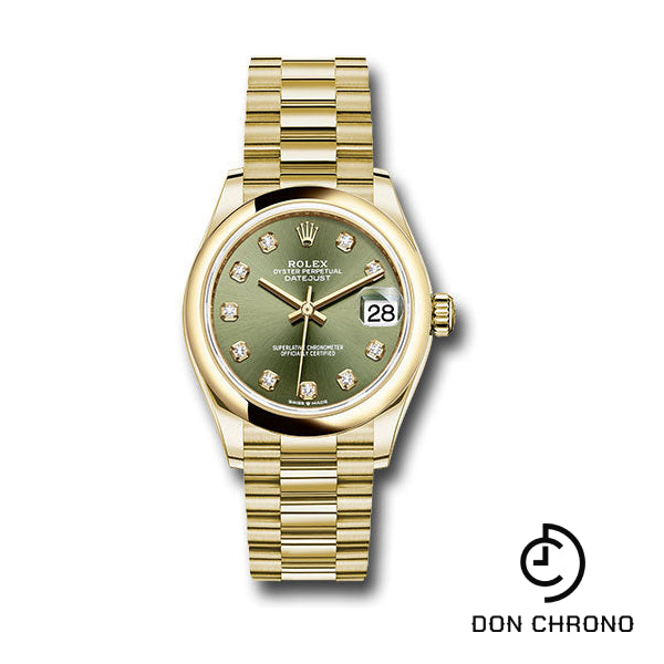 Rolex Yellow Gold Datejust 31 Watch - Domed Bezel - Olive Green Diamond Dial - President Bracelet - 278248 ogdp