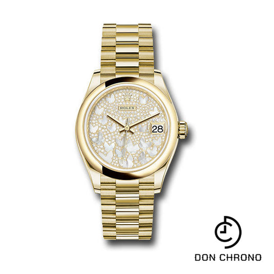 Rolex Yellow Gold Datejust 31 Watch - Domed Bezel - Paved Mother-of-Pearl Butterfly Dial - President Bracelet - 278248 pmopbp