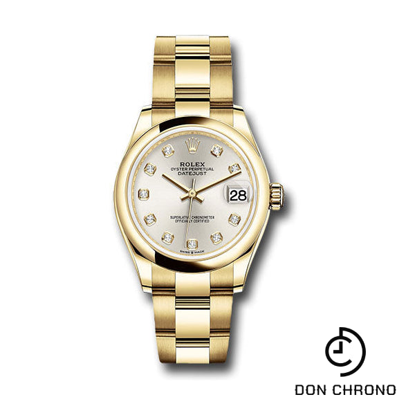 Rolex Yellow Gold Datejust 31 Watch - Domed Bezel - Silver Diamond Dial - Oyster Bracelet - 278248 sdo