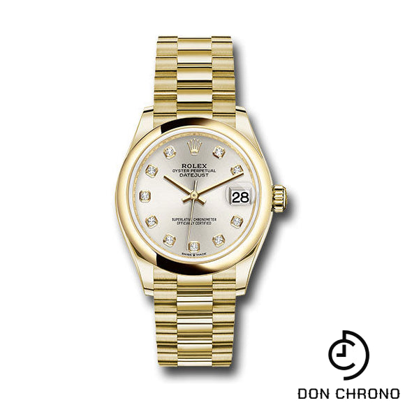 Rolex Yellow Gold Datejust 31 Watch - Domed Bezel - Silver Diamond Dial - President Bracelet - 278248 sdp