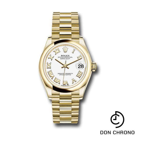 Rolex Yellow Gold Datejust 31 Watch - Domed Bezel - White Roman Dial - President Bracelet - 278248 wrp