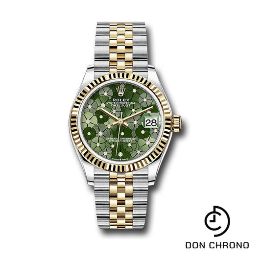 Rolex Yellow Rolesor Datejust 31 Watch - Fluted Bezel - Olive Green Floral Motif Diamond 6 Dial - Jubilee Bracelet - 278273 ogflomdj