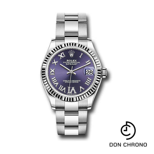 Rolex Steel and White Gold Datejust 31 Watch - Fluted Bezel - Aubergine Roman Diamond 6 Dial - Oyster Bracelet - 278274 aubdr6o