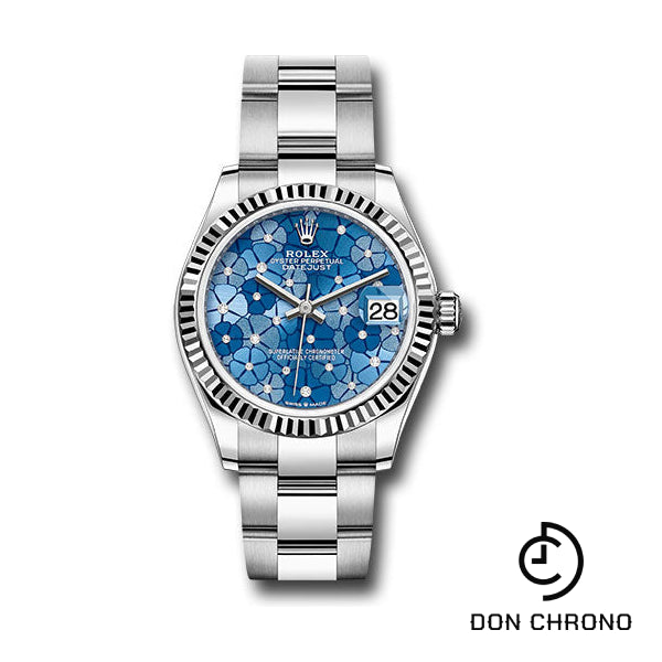 Rolex White Rolesor Datejust 31 Watch - Fluted Bezel - Azzurro Blue Floral Motif Diamond Dial - Oyster Bracelet - 278274 azflomdo