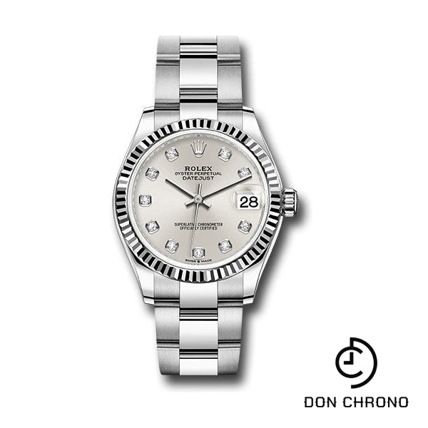 Rolex Steel and White Gold Datejust 31 Watch - Fluted Bezel - Silver Diamond Dial - Oyster Bracelet - 278274 sdo