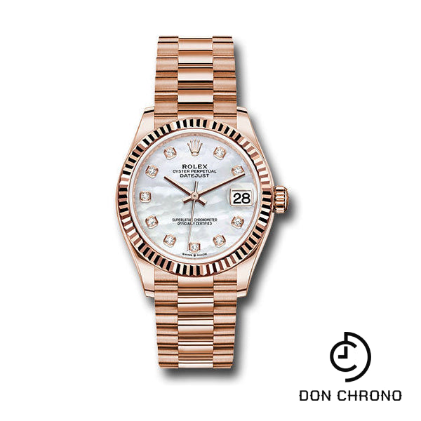 Rolex Everose Gold Datejust 31 Watch - Fluted Bezel - Silver Diamond Dial - President Bracelet - 278275 mdp