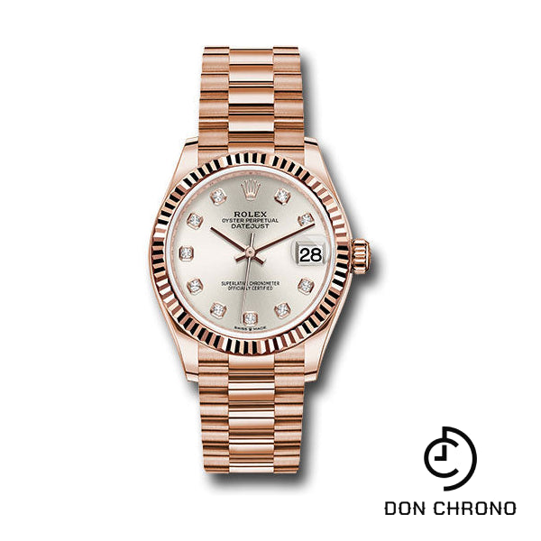 Rolex Everose Gold Datejust 31 Watch - Fluted Bezel - Silver Diamond Dial - President Bracelet - 278275 sdp