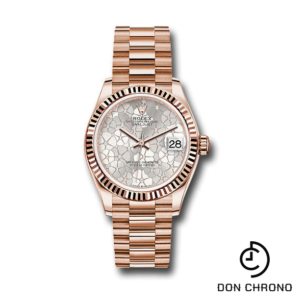 Rolex Everose Gold Datejust 31 Watch - Fluted Bezel - Silver Floral Motif Diamond Dial - President Bracelet - 278275 sflomdp